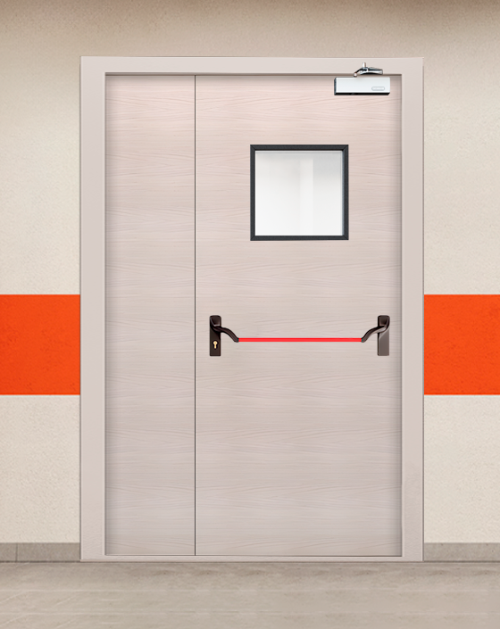 Противопожарная полуторная МДФ бежевая дверь с ручкой антипаника, квадратным окном