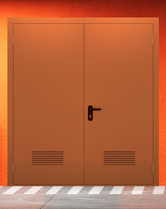 Противопожарная двупольная коричневая дверь EIS 60 без доводчика с прямоугольной решеткой