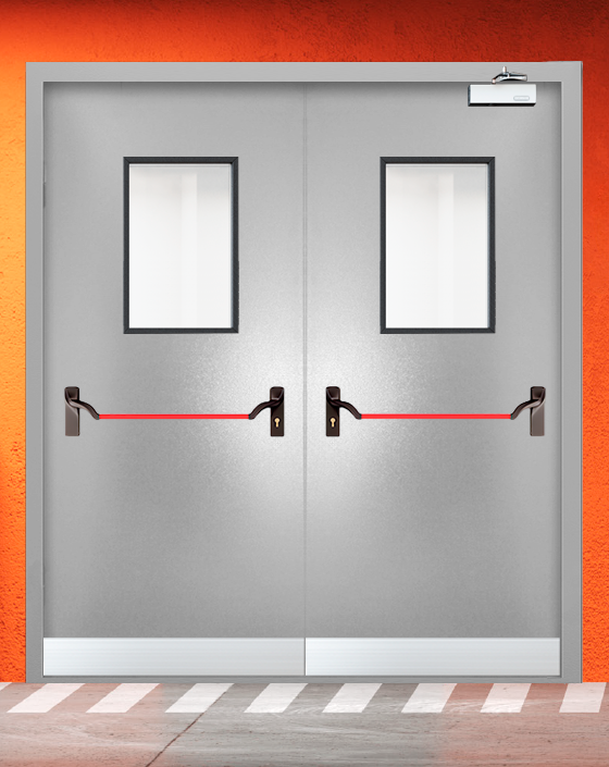 Противопожарная двупольная серая дверь порошковым напылением EIS 30 с ручкой антипаника, прямоугольным окном, узким отбойником
