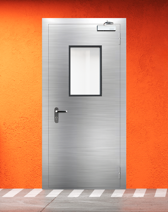 Противопожарная однопольная из нержавеющей стали серая дверь EI 45 с прямоугольным окном