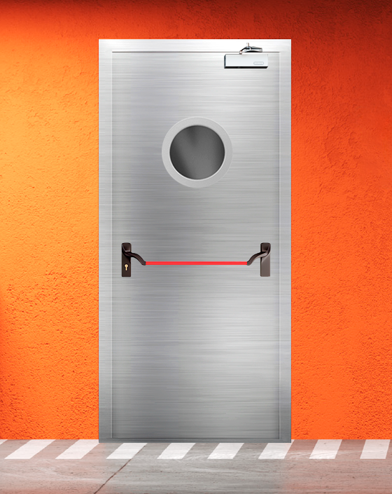 Противопожарная однопольная из нержавеющей стали серая дверь EIS 45 с ручкой антипаника, круглым окном
