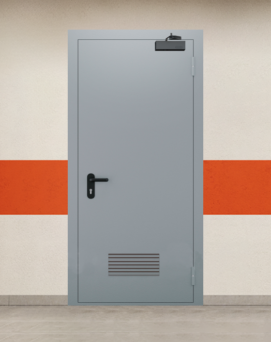 Противопожарная однопольная серая дверь EI 45 с прямоугольной решеткой