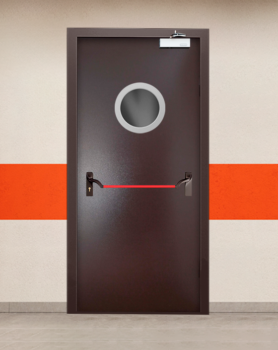 Противопожарная однопольная коричневая дверь порошковым напылением EIWS 45 с ручкой антипаника, круглым окном