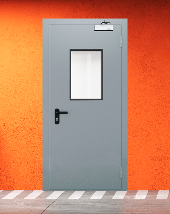Противопожарная однопольная серая дверь EI 30 (3-го типа) с прямоугольным окном
