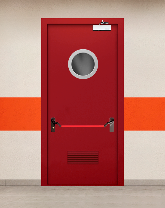 Противопожарная однопольная красная дверь EIWS 60 с ручкой антипаника, круглым окном, прямоугольной решеткой