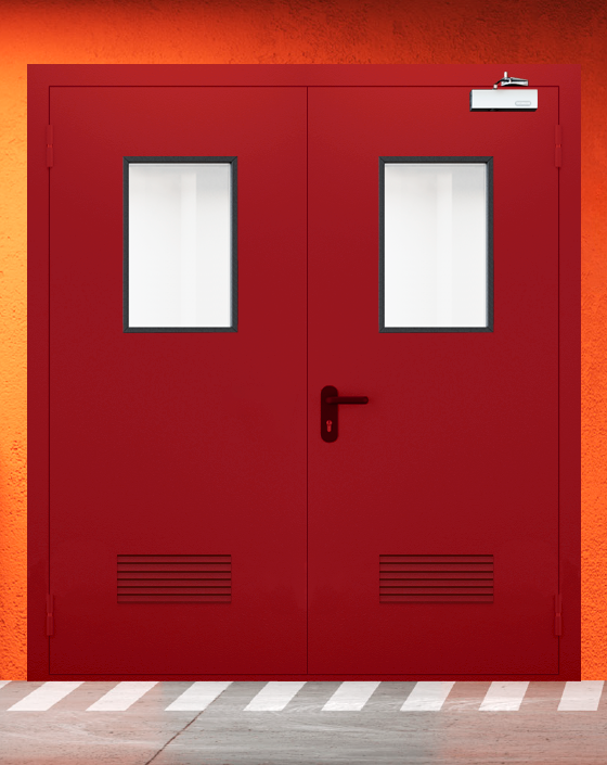 Противопожарная двупольная красная дверь EIWS 90 с прямоугольным окном, прямоугольной решеткой