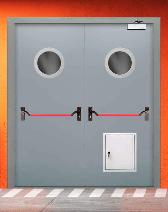 Противопожарная двупольная серая дверь EI 30 (3-го типа) с ручкой антипаника, круглым окном, стыковочным узлом