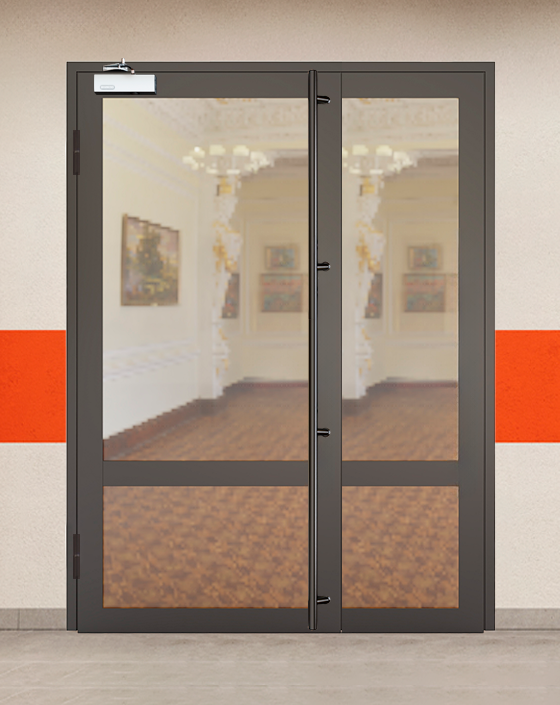 Противопожарная полуторная светопрозрачная стальная коричневая дверь EIW 60 с ручками во всю высоту