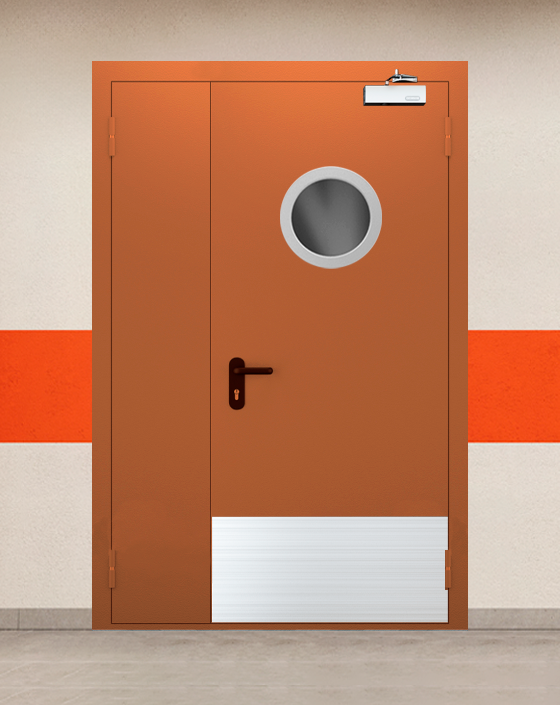 Противопожарная полуторная коричневая дверь EI 45 с круглым окном, широким отбойником