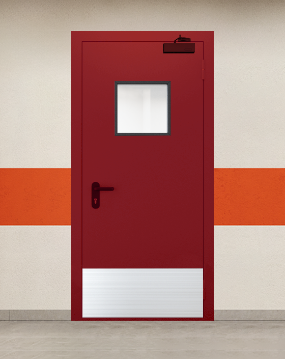 Противопожарная однопольная красная дверь EI 45 с квадратным окном, широким отбойником