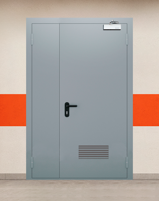 Противопожарная полуторная серая дверь EI 30 (3-го типа) с прямоугольной решеткой