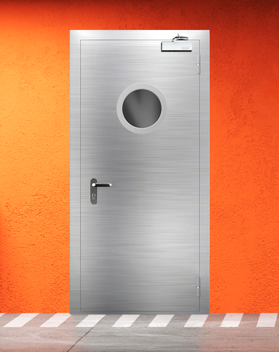 Противопожарная однопольная из нержавеющей стали серая дверь EI 45 с круглым окном