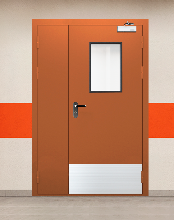 Противопожарная полуторная коричневая дверь EIS 45 с блестящей ручкой, прямоугольным окном, широким отбойником