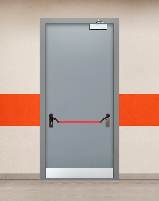 Противопожарная однопольная серая дверь EIS 60 с ручкой антипаника, узким отбойником